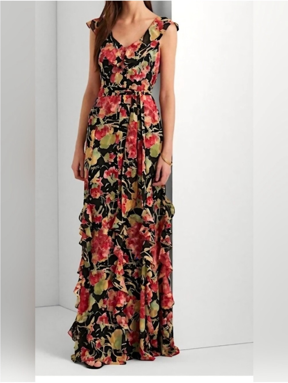 Floral Ruffle Maxi Dress - Black with Red & Green Floral Ralph Lauren